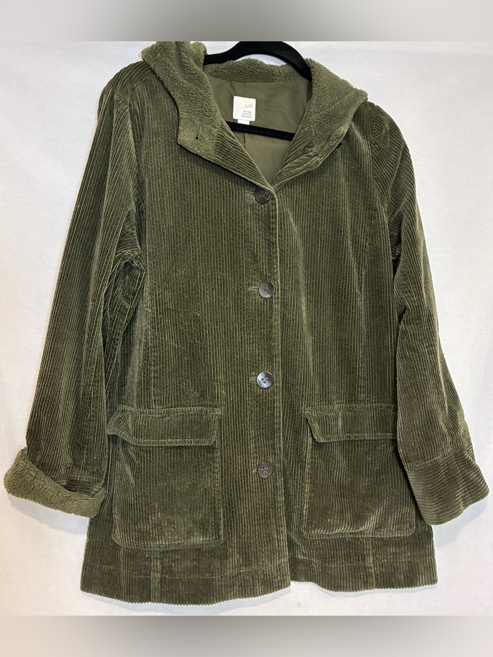 J. Jill Heritage Hooded Tumbled Corduroy Coat Women’s S Green Button Up Fall